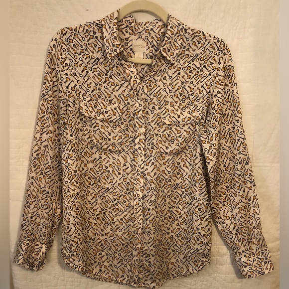 Chico’s Going Out Button Down Key print novelty long sleeve blouse size 0 - Picture 1 of 7